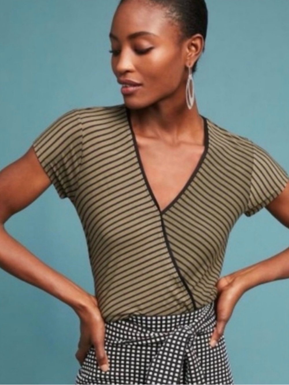 Anthropologie Maeve Olive and Black Faux Wrap Top